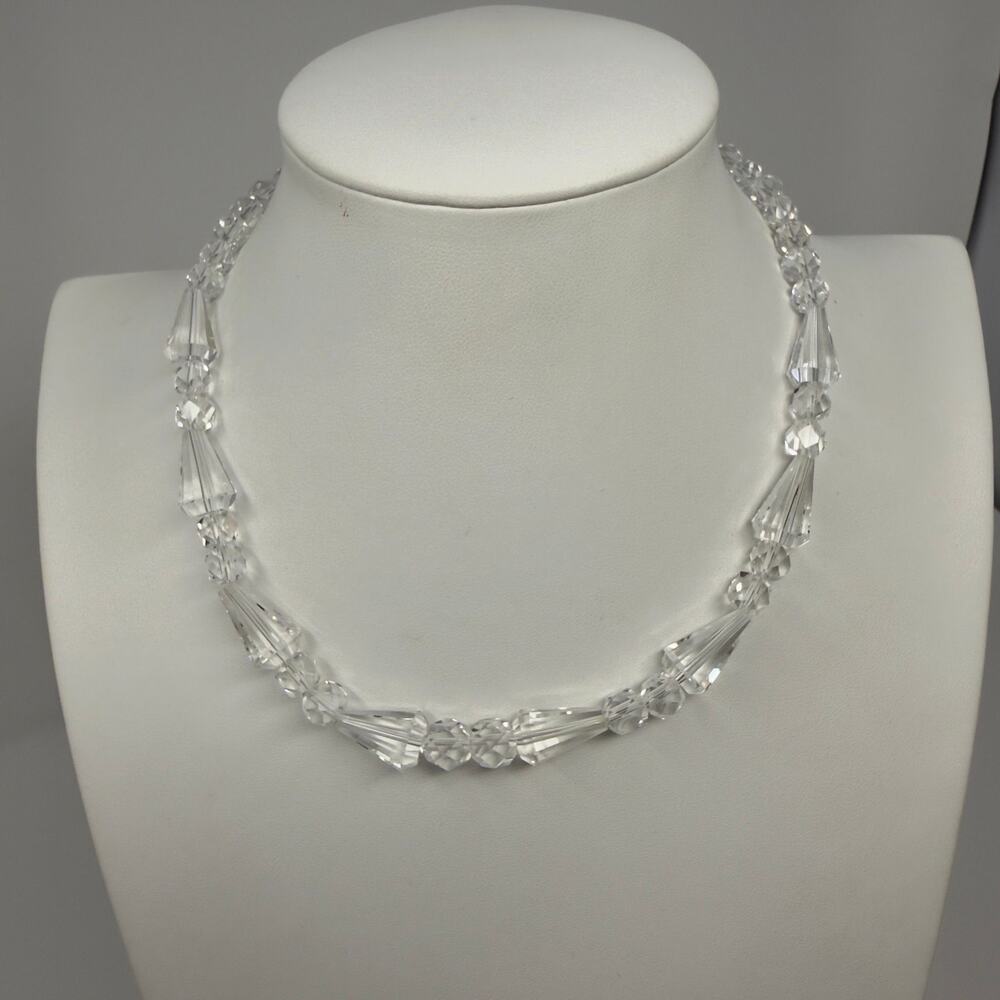 Art Deco Rock Crystal Facet Cut Single Strand Necklace Sterling Silver Clasp 17"